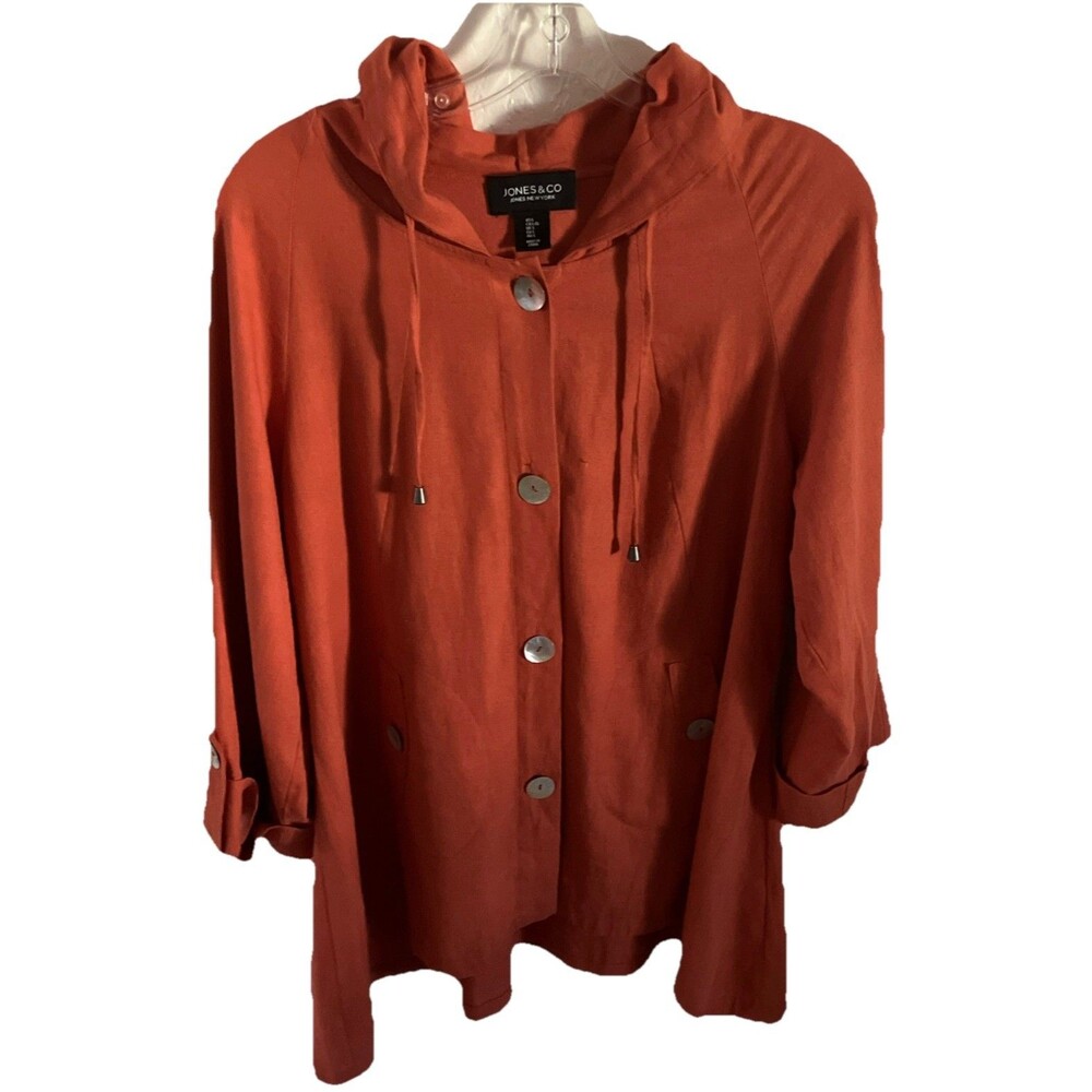 Jones Co Jacket Hoodie L Orange LINEN Blend Coatigan Big Button Minimalist